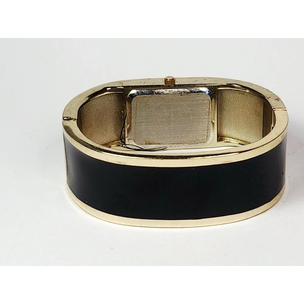 Vintage Vivani Black And Gold Tone Hinged Cuff Bracelet Watch New Battery